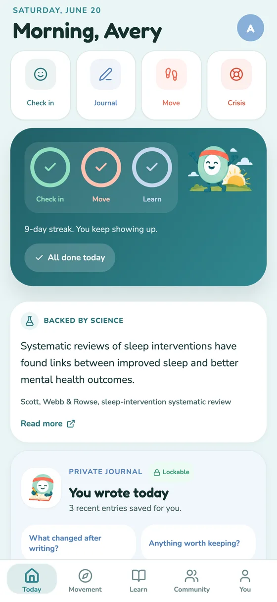 MOVE Today screen with check-in, journal, movement, and learning shortcuts